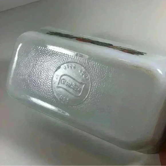 Vintage milk  glass Glasbake loaf pan with vegetable garden harvest graphics - Picture 6 of 8